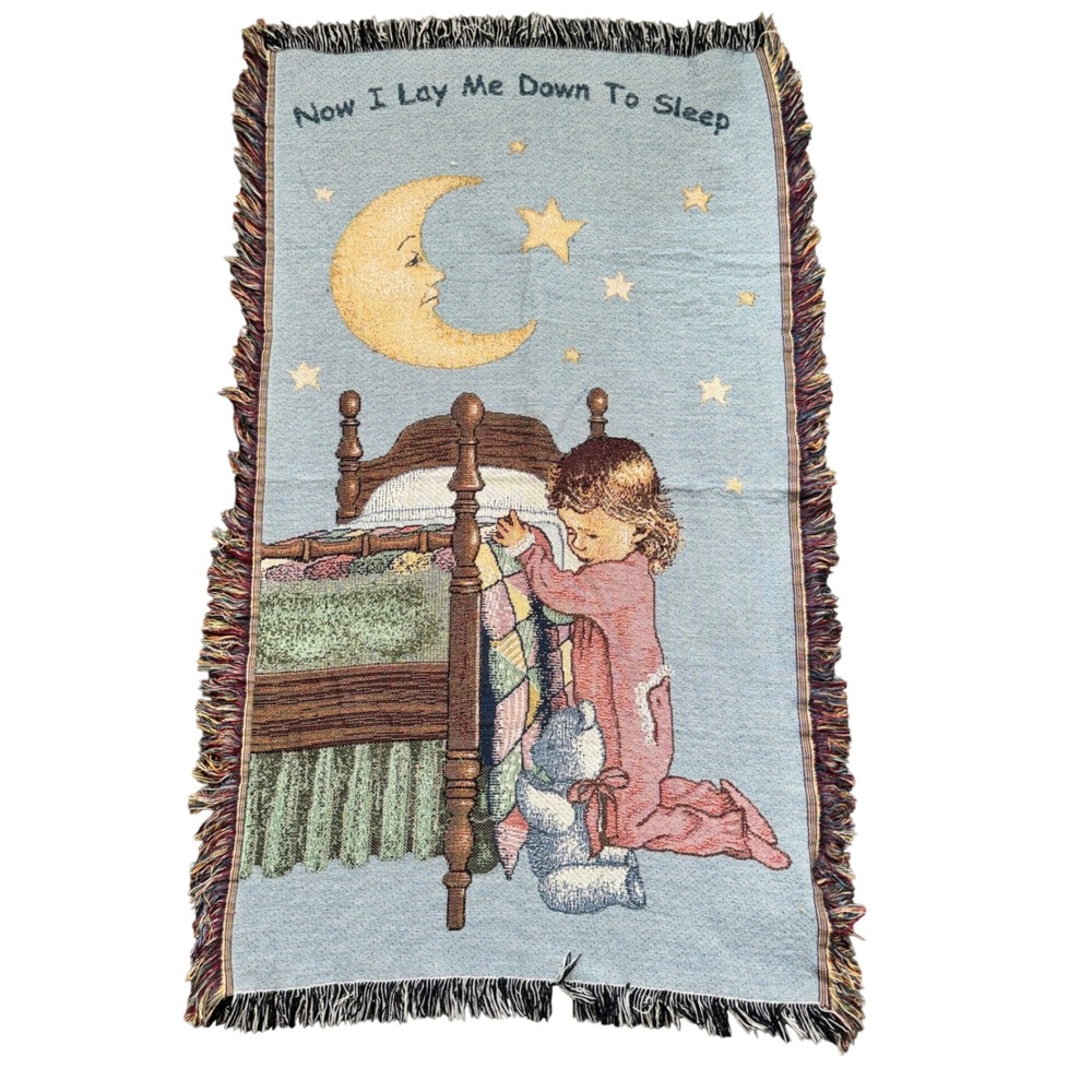 Vintage Now I Lay Me Down To Sleep Woven Tapestry Throw Blanket Blue Fringe